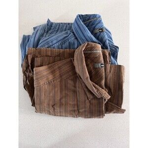 REI Shirts Mens Large Short Sleeve Button Stripes Outdoors Blue and Brown